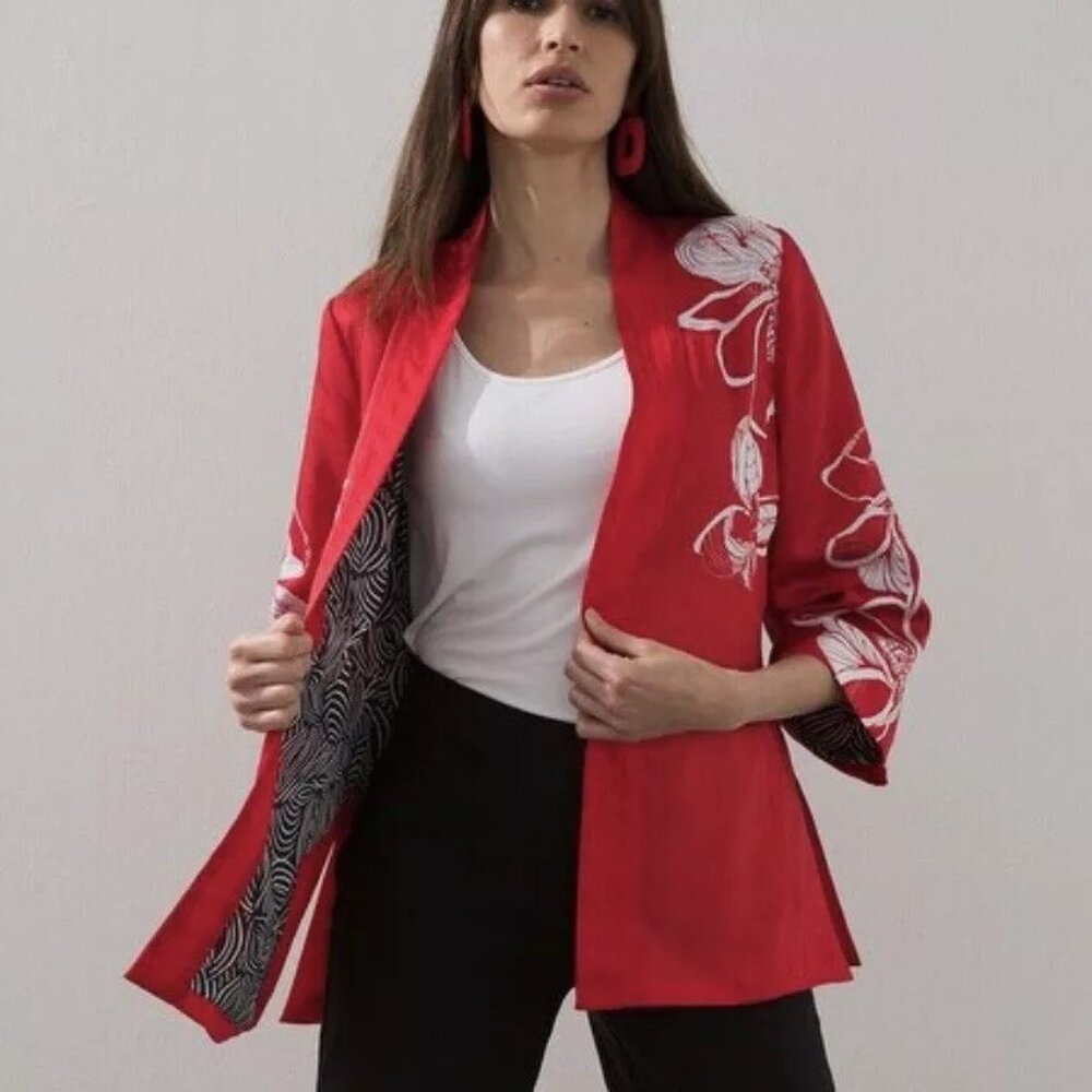 Chicos Floral Open Front Kimono Cardigan Size 4/6 Quarter Sleeve Red Black Boho